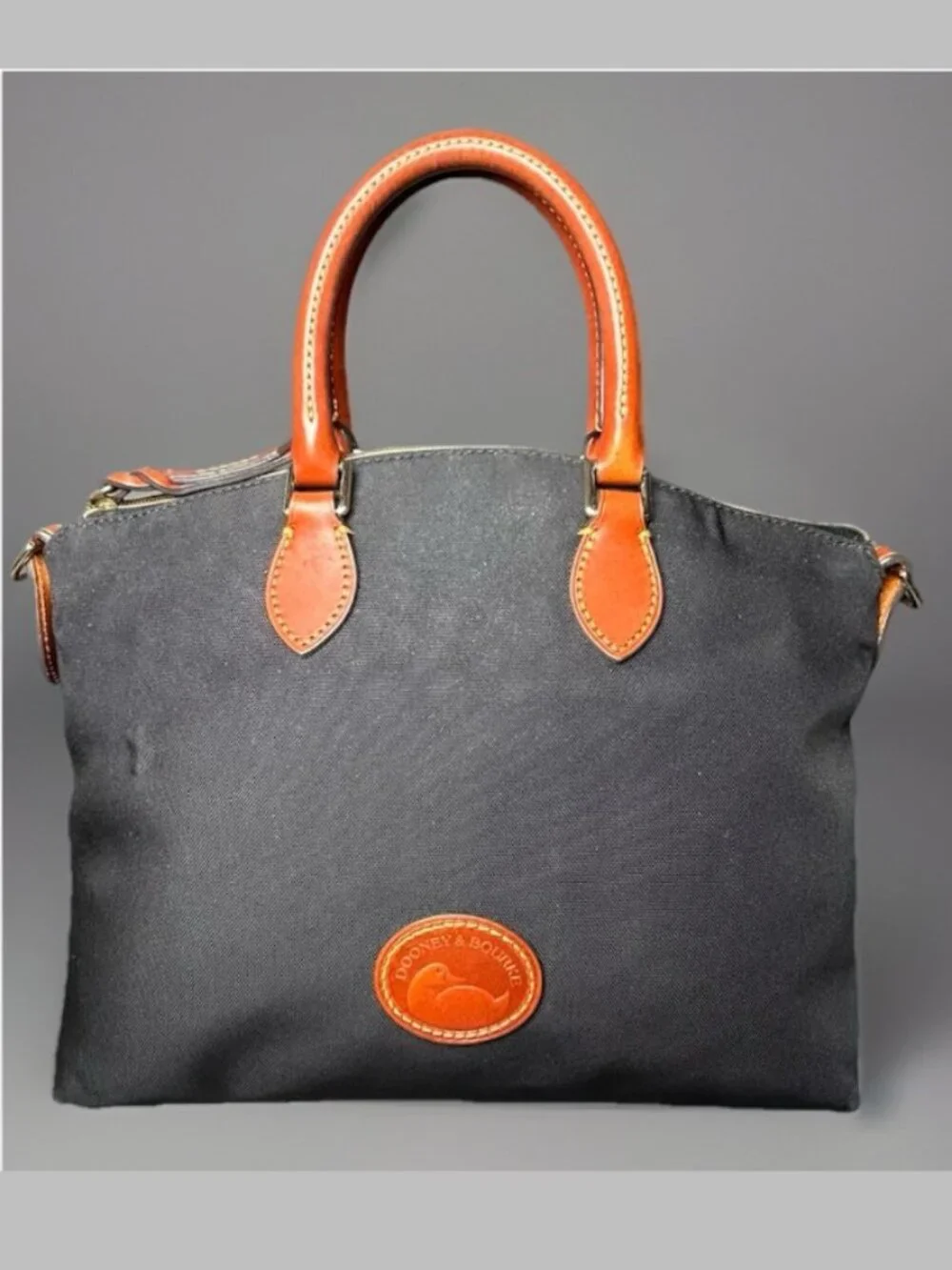Dooney & Bourke Black Nylon Satchel Shoulder Tote Bag Brown Leather Trim COA